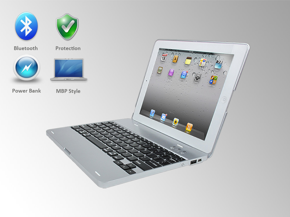 iPad2 Macbook style Bluetooth keyboard case with power bank function to charge iPad2