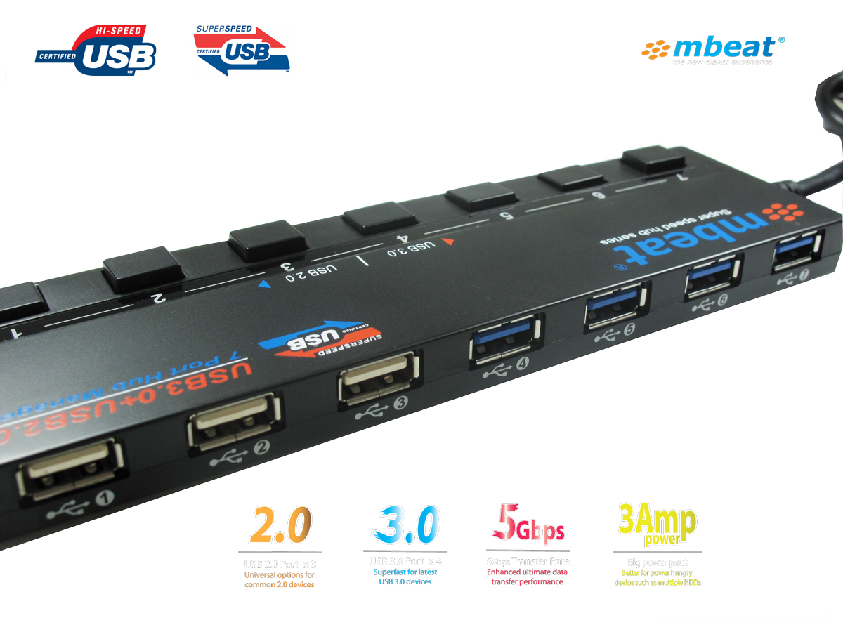 mbeat® 7 Port USB3.0 and USB2.0 hub manager with individual power switch